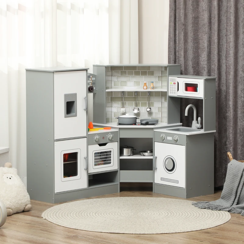 AIYAPLAY Cozinha de Madeira para Crianças com Sons Forno Lavatório Micro-Ondas Máquina de Gelo e Acessórios 110x80x91 cm Cinza