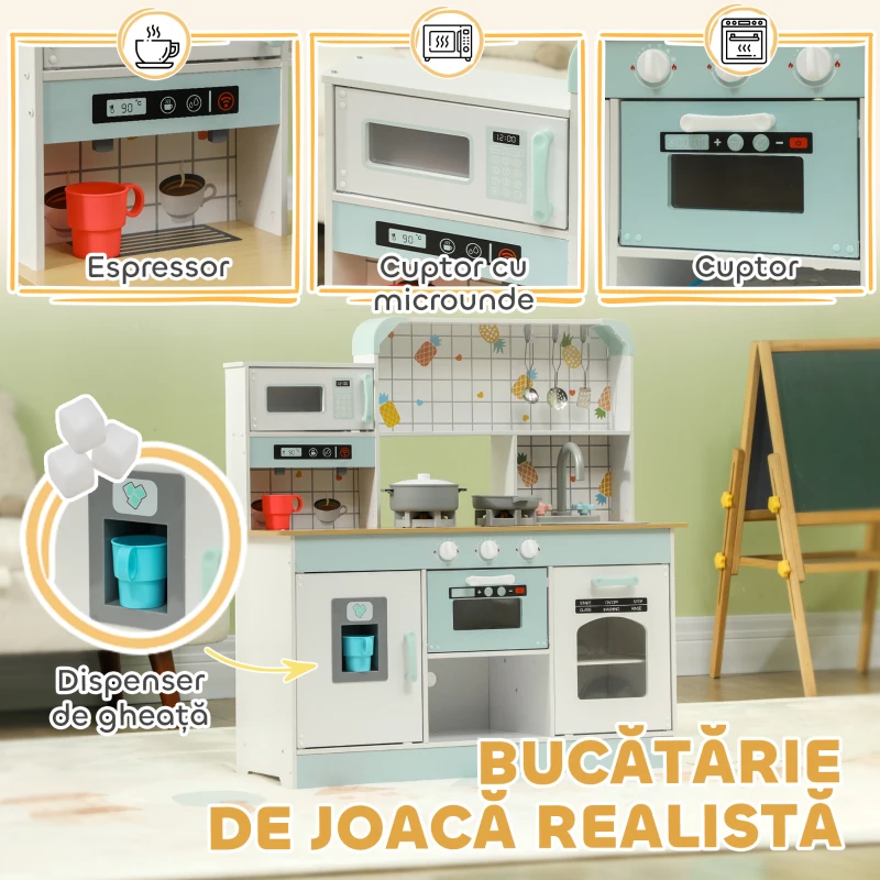 AIYAPLAY Bucătărie de Jucărie pentru Copii 3+ Ani din Lemn, Aragaz Interactiv, Cuptor și Mașină de Cafea, Alb