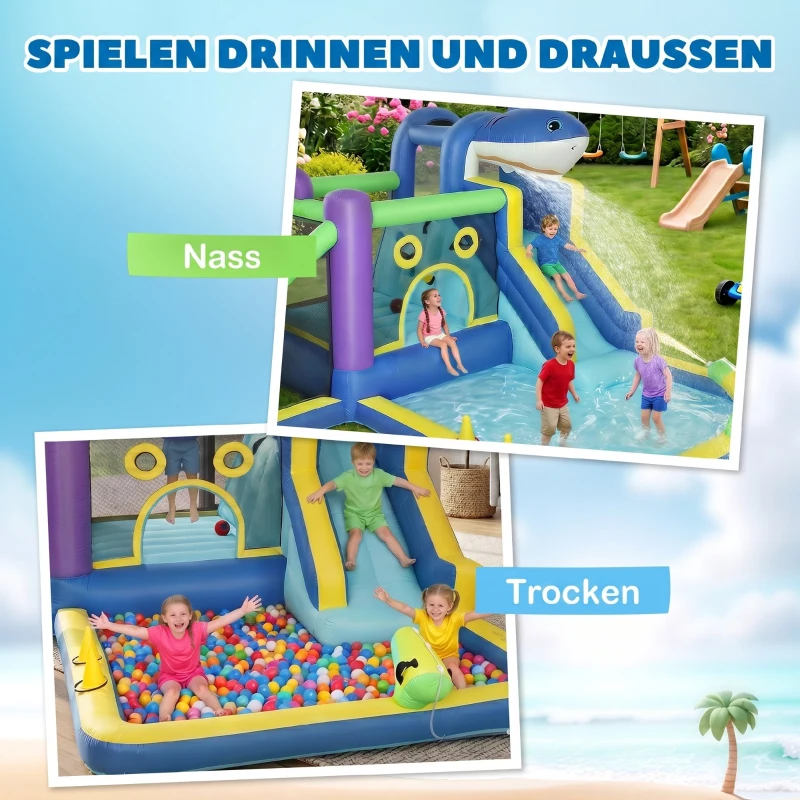 AIYAPLAY 8-in-1 aufblasbar Hüpfburg mit Hai-Design Gebläse Rutsche Planschbecken Trampolin für 3–8 Jahre 405x345x235cm Mehrfarbig