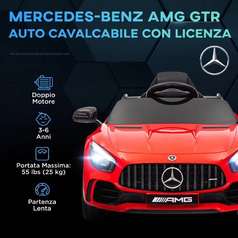 AIYAPLAY Macchina Elettrica per Bambini 3-6 Anni Mercedes-AMG GTR con 2 Motori e Telecomando, 3-5 km/h, Rosso