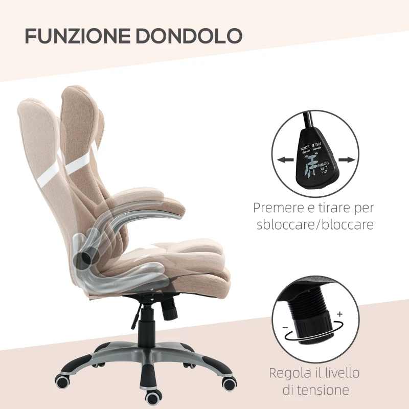 Vinsetto Sedia da Ufficio Reclinabile con Altezza Regolabile in Tessuto, 68x76x109-117 cm, Marrone Chiaro