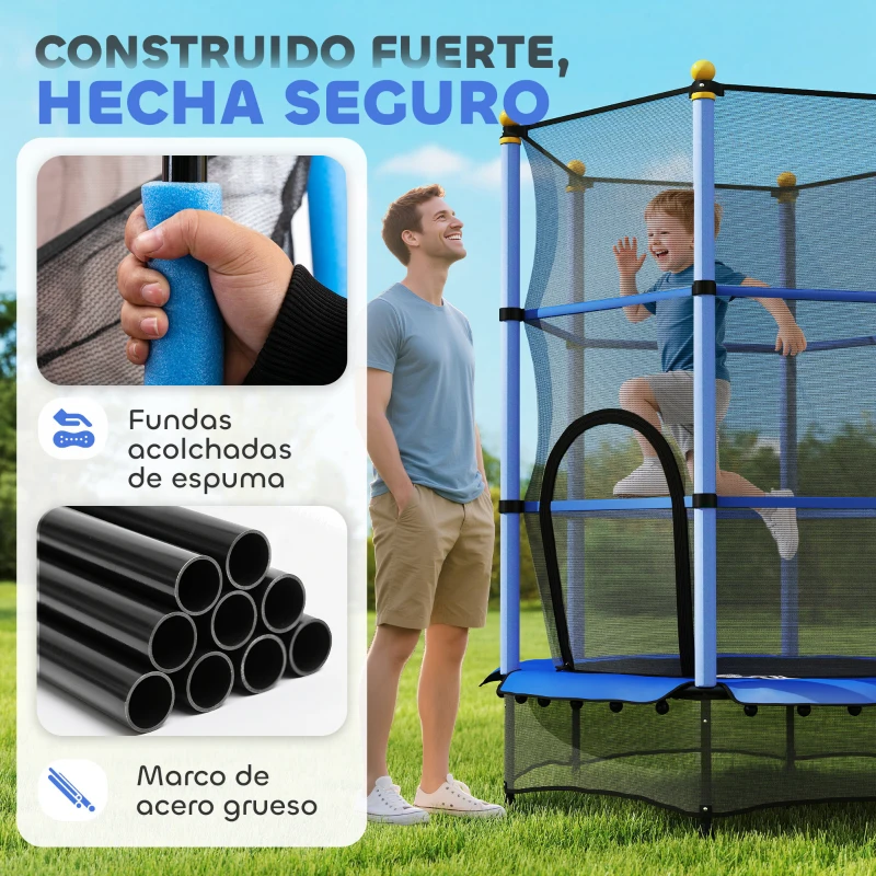 HOMCOM Trampolín para Niños de +3 Años Ø140 cm con Red de Seguridad y Marco de Acero para Interior y Exterior Azul y Negro