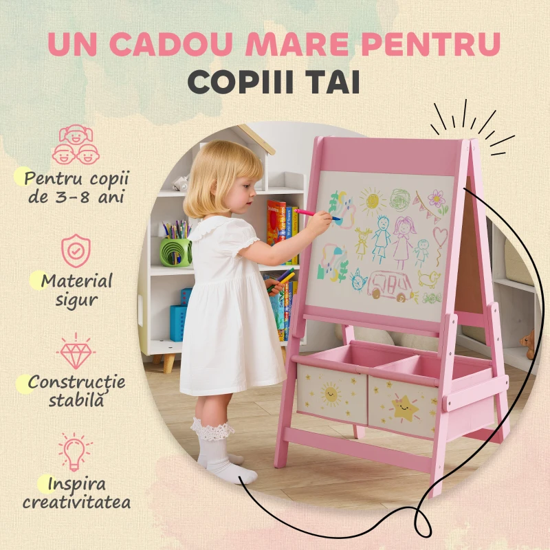 AIYAPLAY Tablă pentru Copii 3 în 1 cu Șevalet, Rola de Hârtie și 2 Coșuri, în Lemn, 54x46x94 cm, Roz