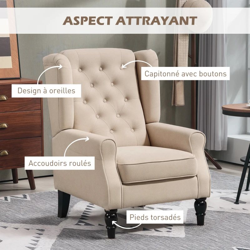 HOMCOM Fauteuil de salon capitonné avec assise large, pieds en bois, style classique, grand confort, 74 x 86 x 102 cm, beige(m-4)