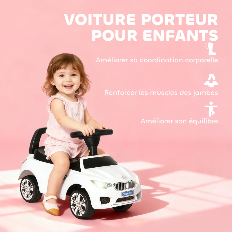 HOMCOM Porteur enfants voiture, véhicule à pousser avec coffre à jouets, klaxon, phares et musique, 63,5 x 28 x 36 cm, blanc