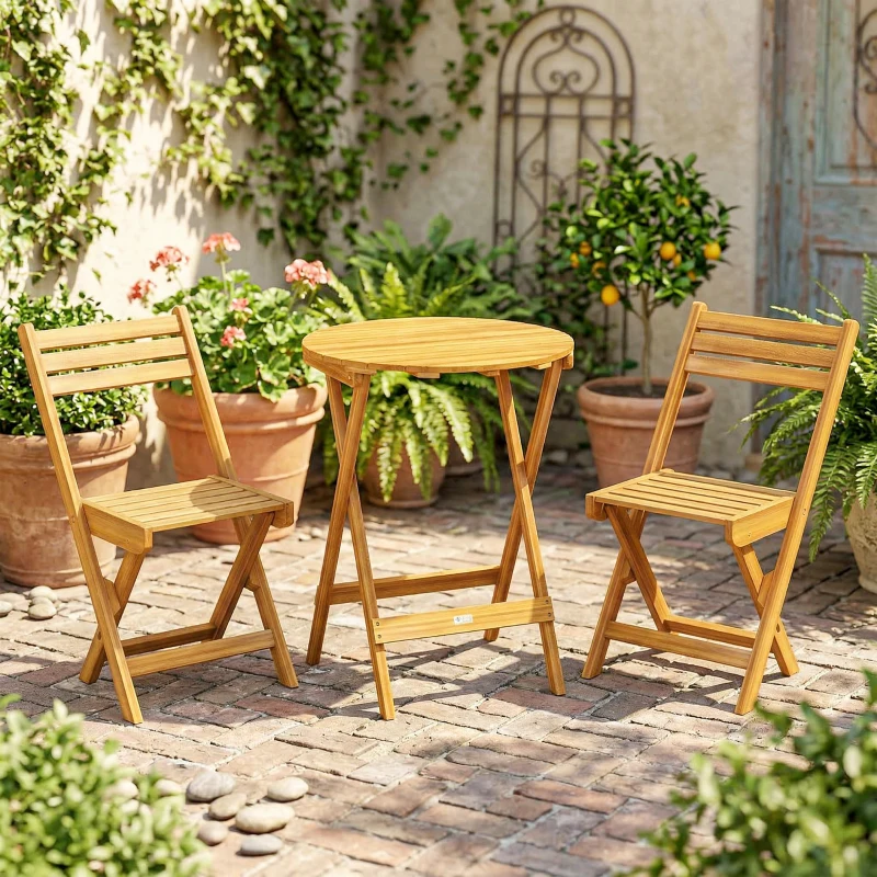 Outsunny Ensemble de Bistrot 3 Pièces Pliable en Bois d'Acacia avec Table Ronde et 2 Chaises, san Montage, 60x60x75cm, Naturel