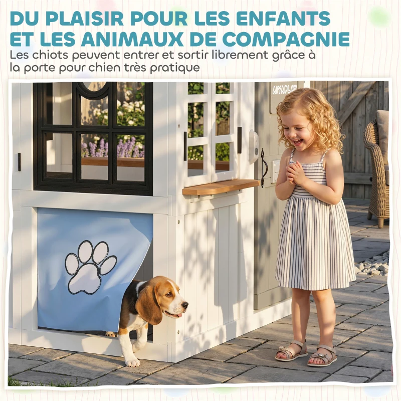 AIYAPLAY Cabane enfant extérieur en bois, maison enfant extérieure avec chatière, ustensiles de cuisine, banc et sonnette, blanc