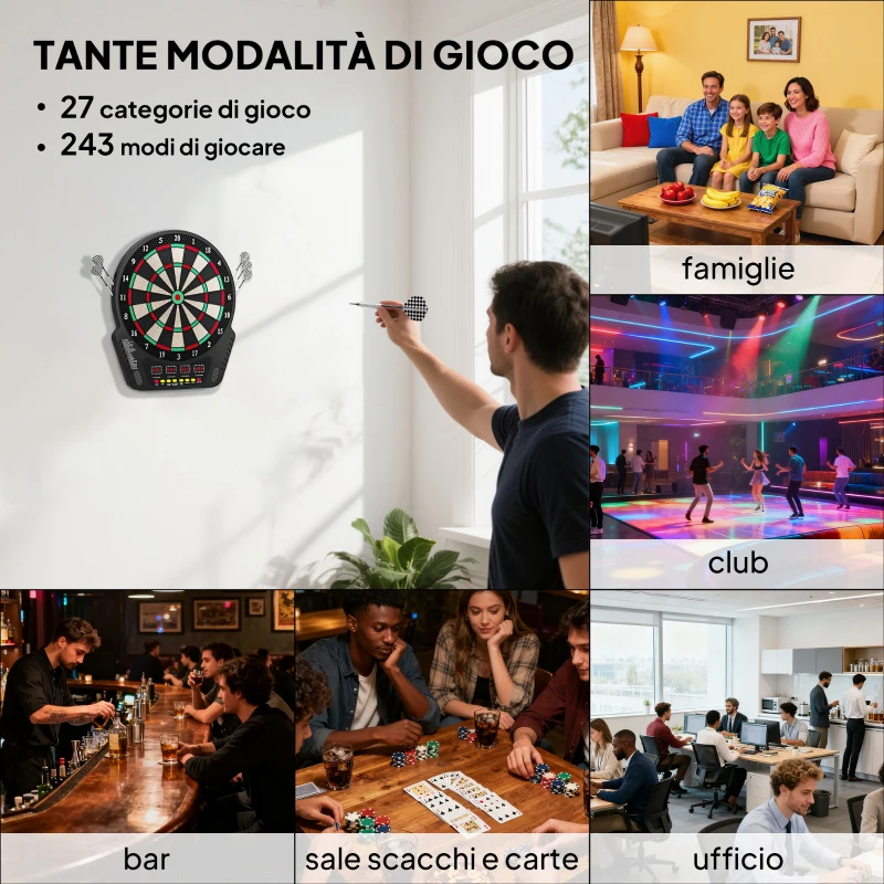 HOMCOM Bersaglio Freccette con 6 Freccette, Alimentatore, 4 Display LED e 27 Giochi, in ABS e PP, 44x51.5x3.2 cm, Nero