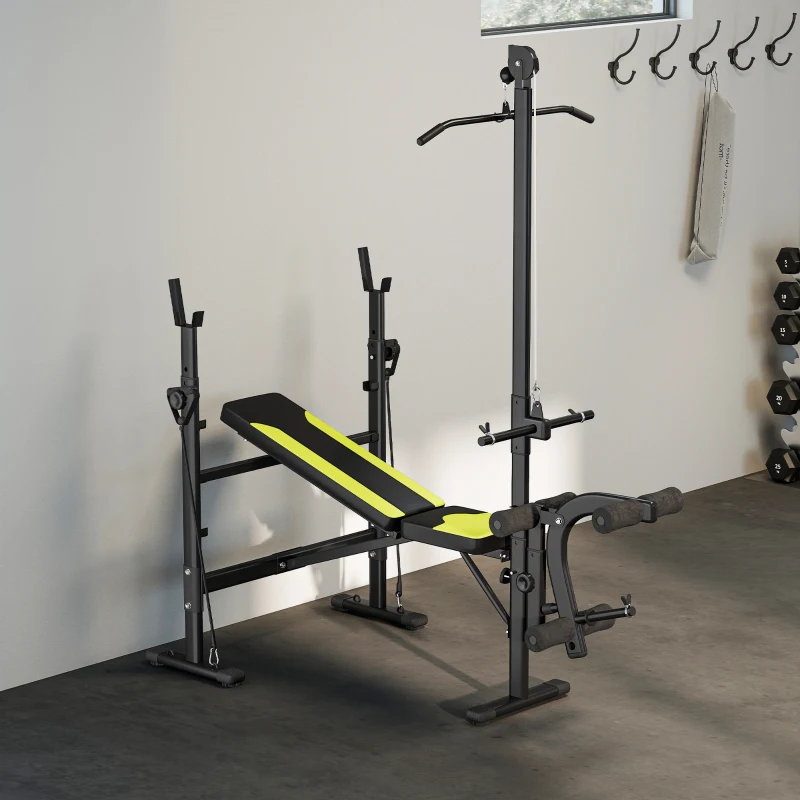 HOMCOM Banco de Pesas Multifuncional con Entrenador de Polea Banco de Musculación Reclinable con Altura Ajustable para Fitness Entrenamiento Completo en Gimnasio y Casa Carga 300 kg Negro