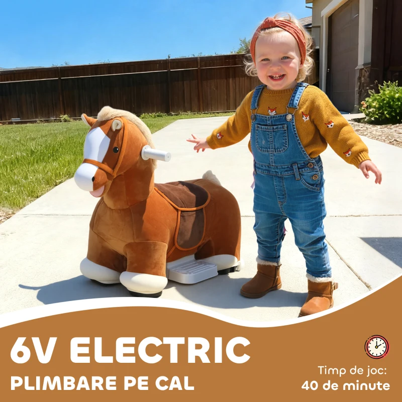 AIYAPLAY Cal Electric pentru Copii cu Pedale, Roți și Sunete, din Pluș și Metal, 74x34x51 cm, Maro