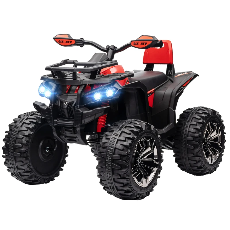 HOMCOM 12V Quad Bike ATV with LED Lights, Music, Backrest, Forward, Backward, Red
