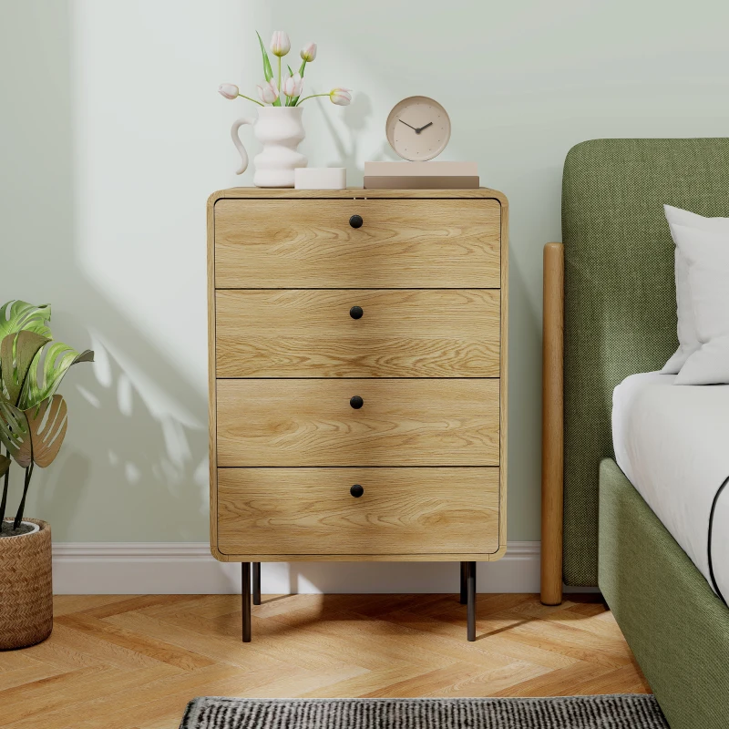 HOMCOM Commode 4 tiroirs, meuble de rangement étroit avec pieds en acier, coins arrondis, 60 x 39 x 91,5 cm, chêne
