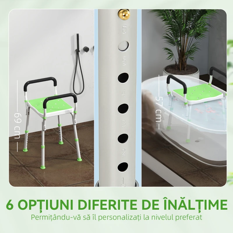HOMCOM Scaun de duș din aluminiu, reglabil pe înălțime, cu cotiere și picioare antiderapante, verde