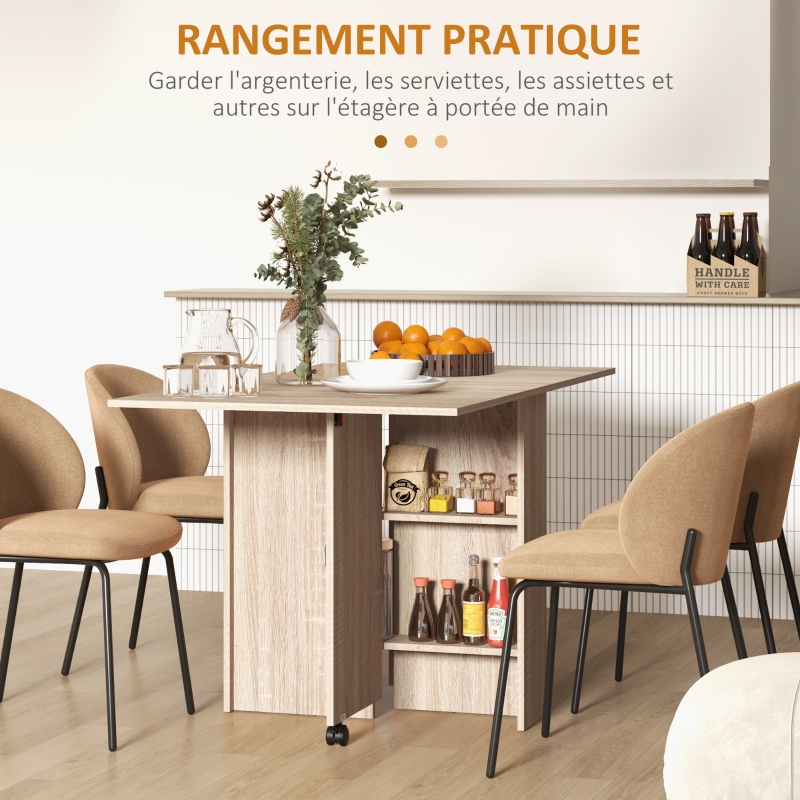 HOMCOM Table à manger pliante mobile sur roulettes 2 plateaux rabattables et 2 étagères intégrées 140 x 80 x 74 cm naturel