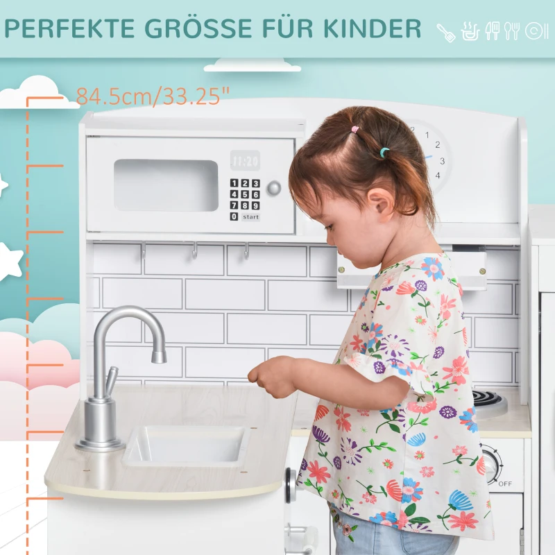 HOMCOM Speelkeuken met 14-delig Accessoireset, Elektrische Waterdispenser, 86 x 64 x 84,5 cm, Wit