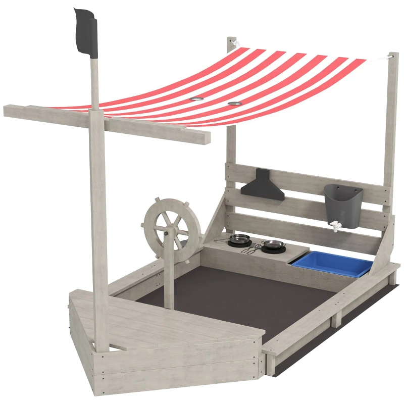 Outsunny Zandbak met Zonnedak in Piratenschip Stijl, Inclusief Keukenspeelset voor Kinderen, Massief Hout, 180 x 103 x 144,5 cm, Grijs