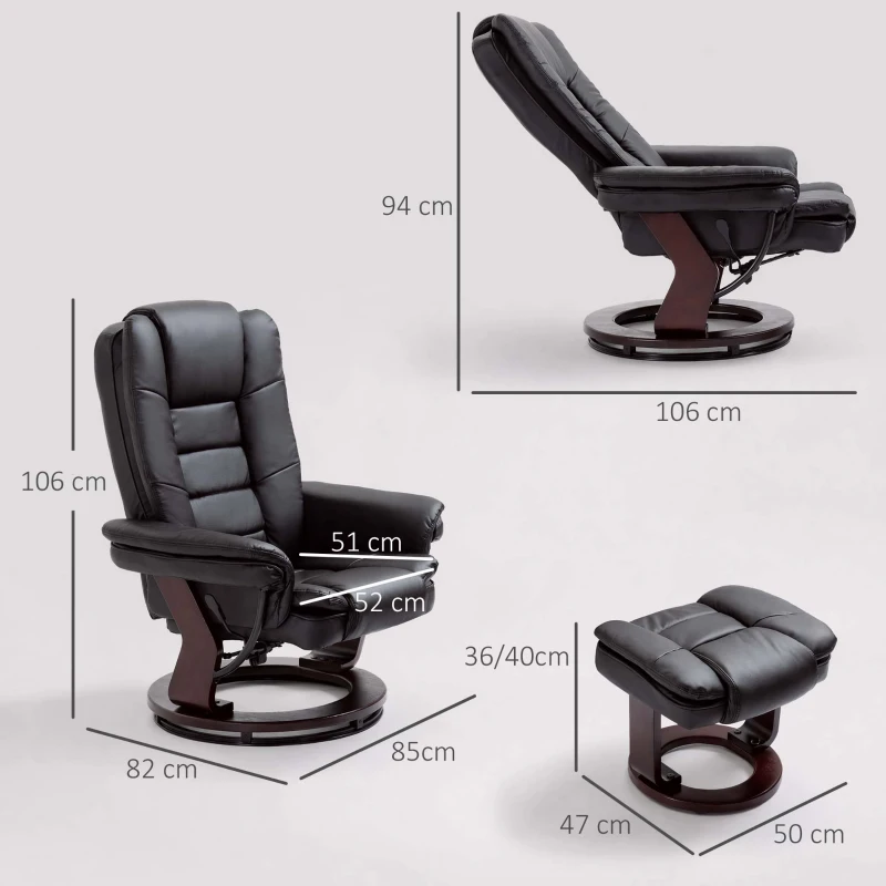 HOMCOM Relaxfauteuil met voetenbank, draaibare ligstoel, verstelbare rugleuning, lederlook, tot 130 kg, zwart