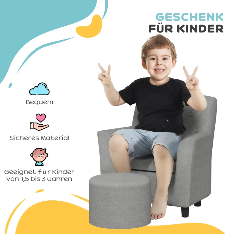 AIYAPLAY Kinderstoel met Poef, Rugleuning in Diamantpatroon, Zachte Zitplaats, Houten Frame, Grijs