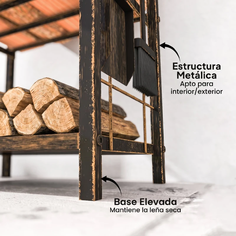 Outsunny Estante de Leña de Metal de 2 Niveles con 4 Herramientas para Chimenea y Ganchos 43x30x74 cm Marrón Oscuro