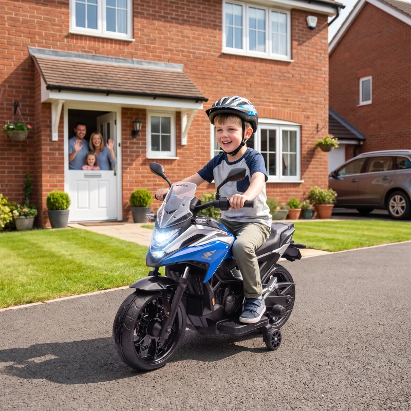 AIYAPLAY Licensed Honda 12V Kids Electric Motorbike with Training Wheels, Soft Start, Headlights, Music for 3-6 Years, Blue