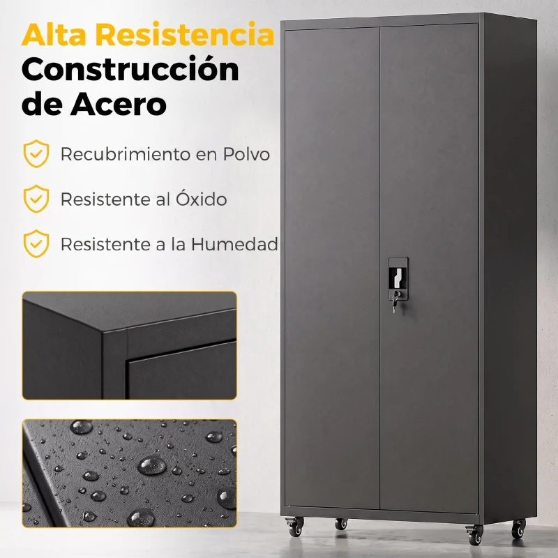 HOMCOM Armario de Herramientas de Acero 180 cm con Ruedas y Estantes Ajustables Negro