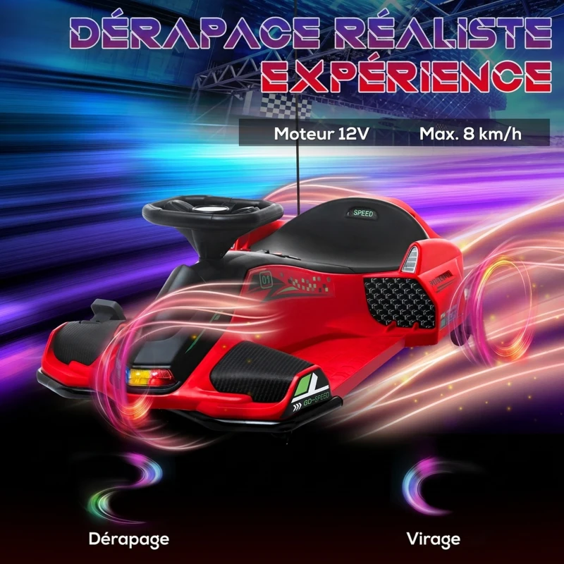HOMCOM Kart électrique pour enfant 12V, karting enfant, vitesse réglable 3-8 km/h, mode de dérive, 90 x 53 x 99 cm, rouge(m-4)