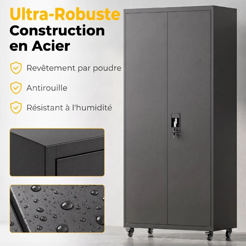 HOMCOM Armoire de Bureau Métallique, 80 x 40 x 180 cm, Meuble de Rangement sur Roulettes en Acier avec Serrure, Noir