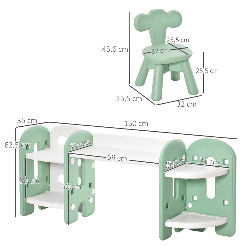 HOMCOM Juego de Mesa y Silla para Niños Pupitre Infantil 2 en 1 con 4 Estantes de Almacenaje para Libros Juguetes 150x35x62,5 cm Verde y Blanco
