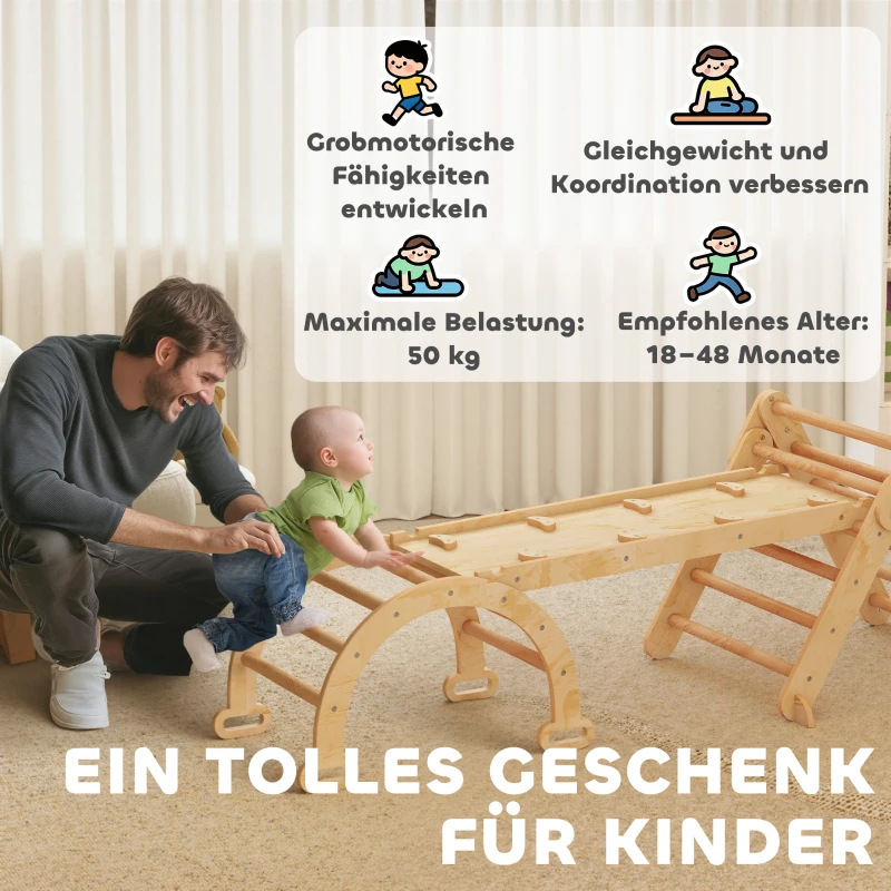 AIYAPLAY 5-in-1 klimrek: boogladder, driehoeksladder, helling, klimwand en glijbaan — voor kinderen 1,5-4 jaar, opvouwbaar, hout