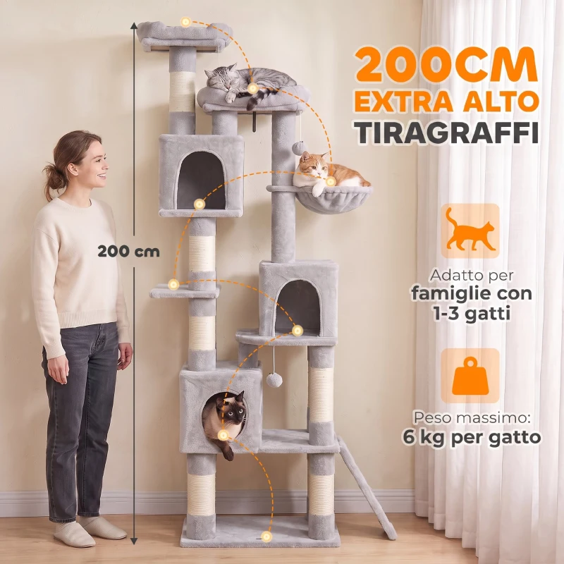 PawHut Albero Tiragraffi Alto 200 cm con Pali in Sisal, 2 Cucce, 3 Casette, Amaca, Grigio Chiaro