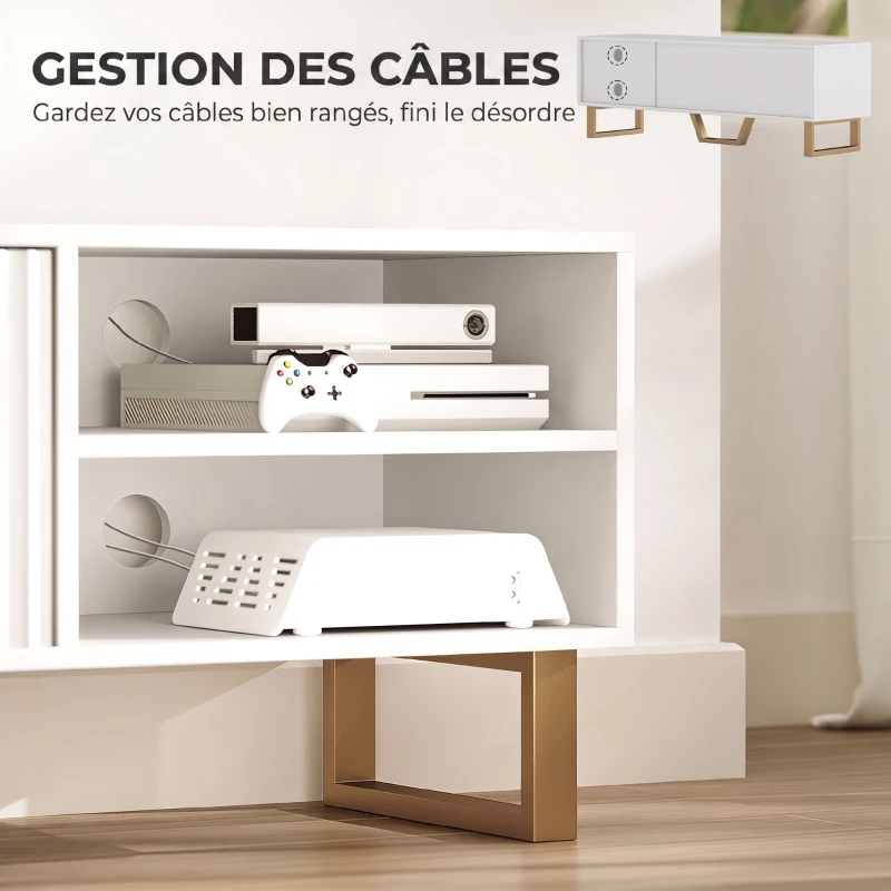 HOMCOM Meuble TV banc TV pour téléviseur jusqu'à 70 pouces - placard à 2 portes cannelées, compartiment ouvert et passe-câbles