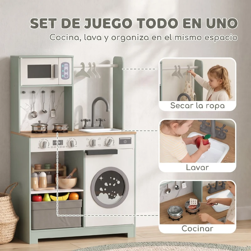 AIYAPLAY Cocina de Juguete de Madera con Lavandería Máquina de Hielo Cajón de Tela Perchas Accesorios de Acero Inoxidable Verde