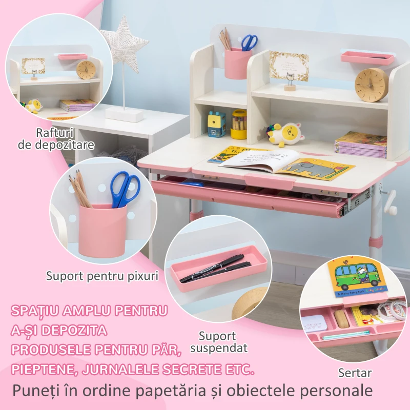 HOMCOM Set Birou și Scaun pentru Copii de la 3 Ani, Reglabil, Masă Înclinabilă la 60° cu Sertar și Rafturi, Roz