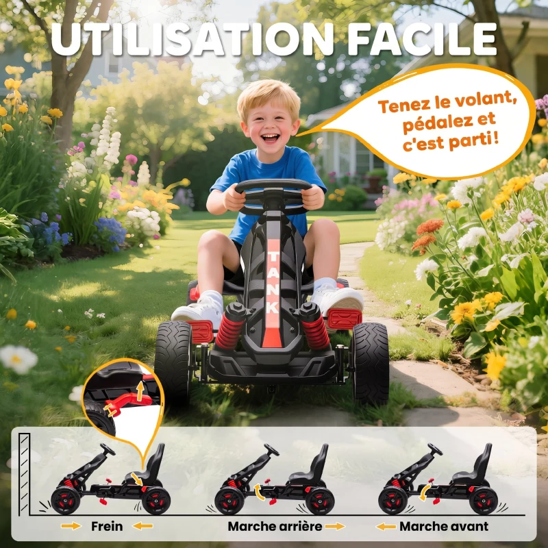 AIYAPLAY Kart à pédales pour enfants, karting enfant 3 à 6 ans avec roue libre, frein, roues EVA antidérapantes, rouge