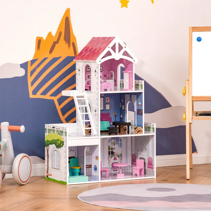 HOMCOM Maison de poupée 3 étages Jeu d'imitation avec 13 Accessoires Grand réalisme Multi-équipements MDF Rose