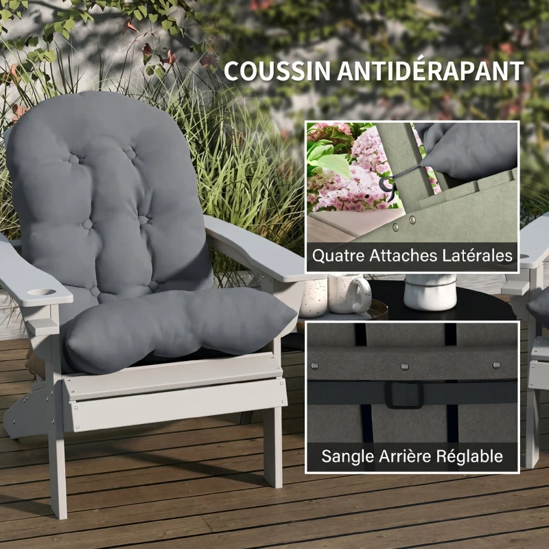 Outsunny Lot de 2 Coussin de Siège pour Chaise Adirondack avec Attaches Sécurisées, Design Capitonné Doux et Épais, Gris