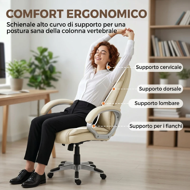 HOMCOM Sedia da Ufficio Girevole in Pelle PU con Dondolo, Schienale Alto e Altezza Regolabile, Beige