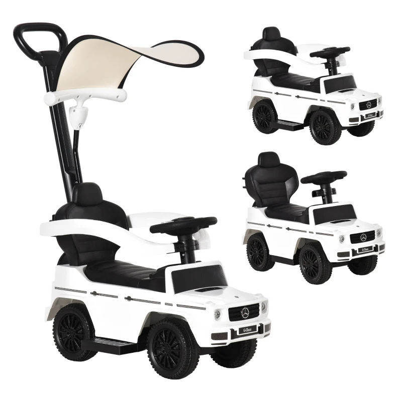 HOMCOM Porteur Enfants Voiture Enfant Multi-équipée 12-36 Mois klaxon Marche-Pieds, Garde-Corps et ombrelle Blanc