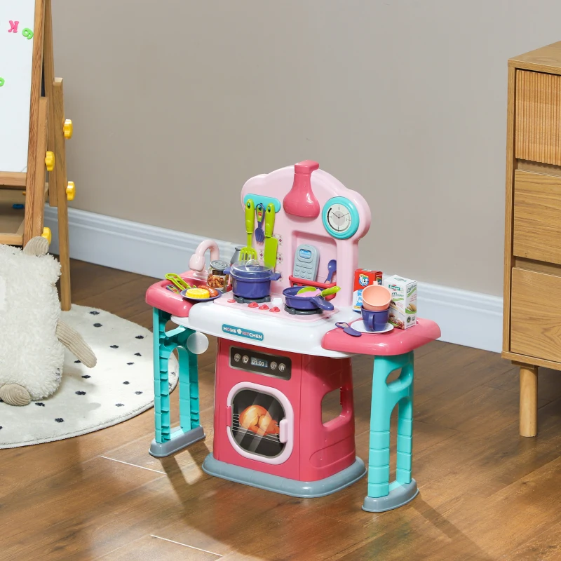 AIYAPLAY 45-Piece Kids Kitchen, Toy Kitchen, with Rotating Side Tables, Lights, Sound Spray