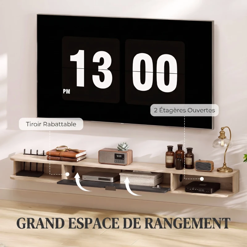 HOMCOM Meuble TV suspendu, meuble télé pour téléviseur jusqu'à 75 pouces, tiroir rabattable 2 étagères 180x24x16cm bois naturel