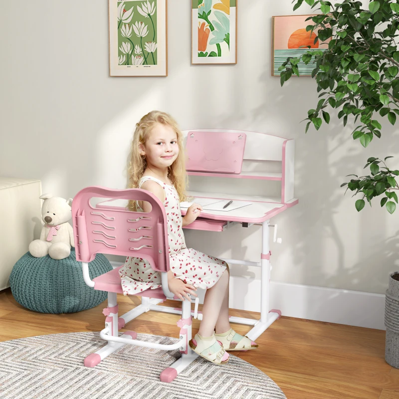 ZONEKIZ Set Scrivania per Bambini con Sedia Regolabile in Altezza e Piano Inclinabile, Età 6-12 Anni, Rosa