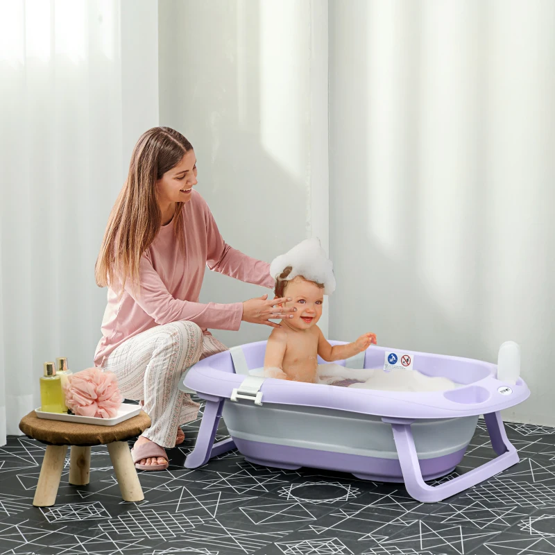 ZONEKIZ Vaschetta Bagnetto Pieghevole Bambini 0-6 Anni con Cuscino e 2 Ripiani, 83x48x23.5 cm, Viola e Bianco