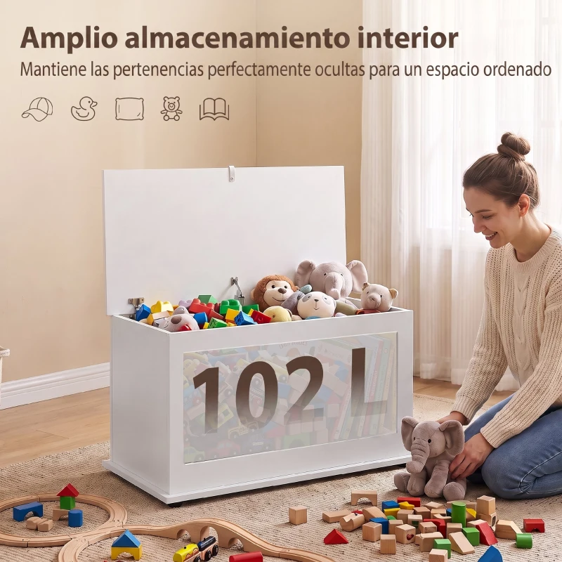 HOMCOM Baúl de Almacenaje 102L con Bisagra de Seguridad Estilo Moderno para Pasillo Dormitorio Salón 80x40x45 cm Blanco