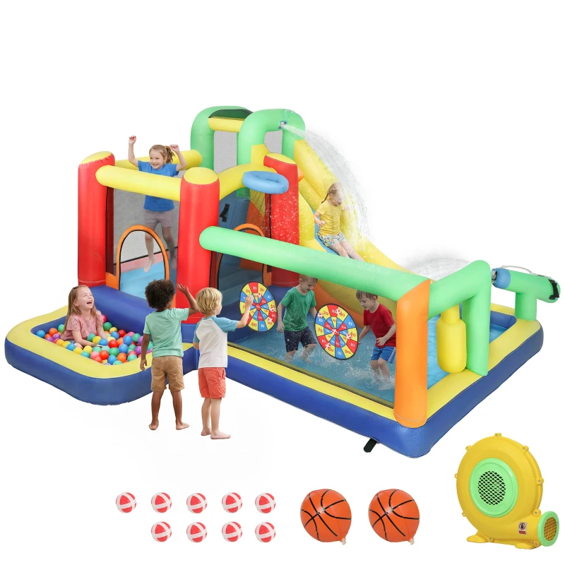 AIYAPLAY Castillo Hinchable Acuático con Soplador 550W 9 en 1 con Tobogán Trampolín Escalada 2 Piscinas Canasta Columna de Boxeo