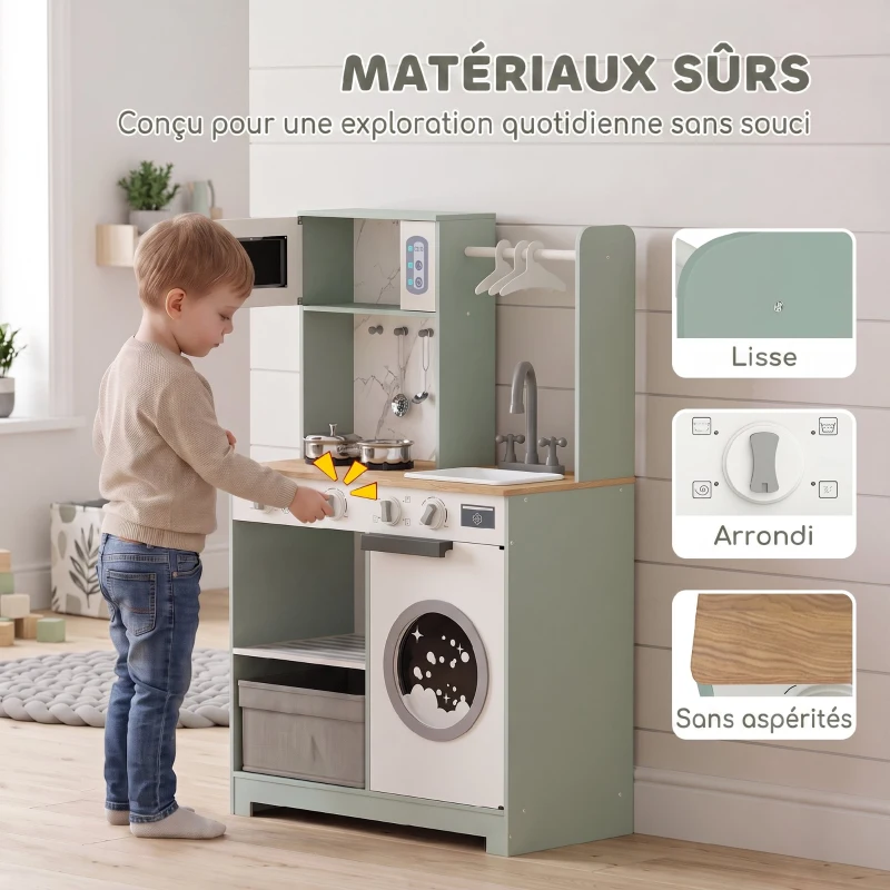 AIYAPLAY Cuisine enfant jouet d'imitation, dinette enfant avec cuisinière, évier, micro-ondes, 5 accessoires, vert