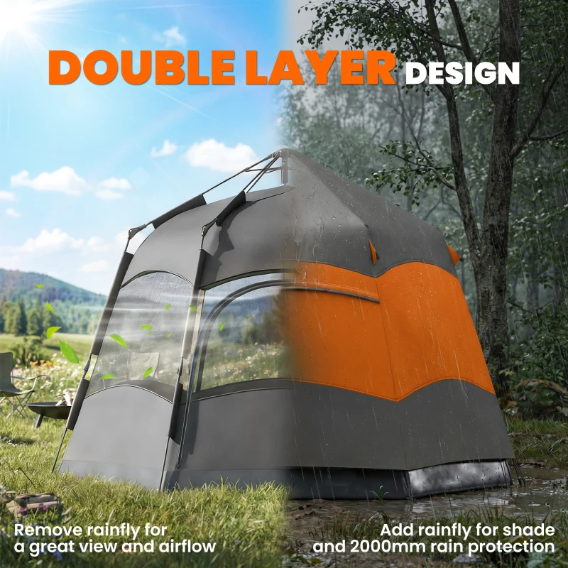Outsunny 3 Man Instant Pop Up Tent with Rainfly, Portable Camping Shelter with Sewn-in Groundsheet, Carry Bag, Orange