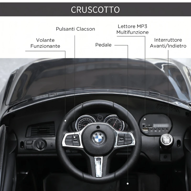 HOMCOM Macchina Elettrica per Bambini BMW 6GT 6V, Macchina Telecomandata con Musica e Fari LED, MP3, Clacson, 106 x 64 x 51 cm, Nero