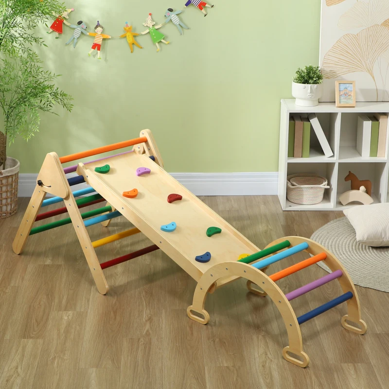 AIYAPLAY Gioco Arrampicata Bambini con Triangolo e Arco Montessori e Rampa con Pietre in Legno di Pino, 178x64.5x63 cm