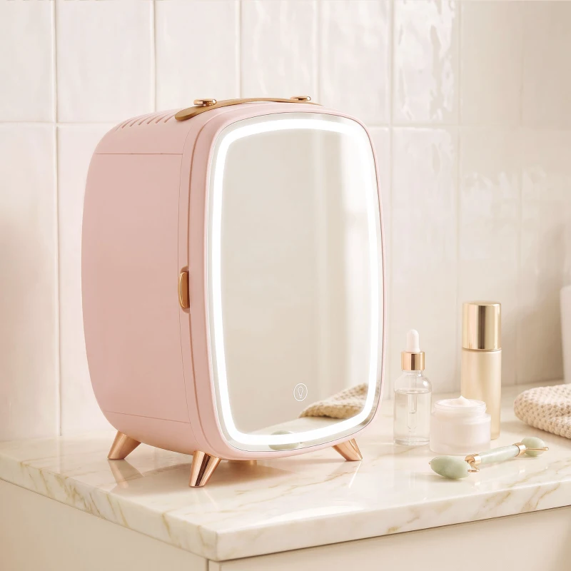 HOMCOM Nevera para Cosméticos Pequeña con 6L Capacidad con Puerta con Espejo y Luces LED Ajustables 24,3x19,4x35,6 cm Rosa