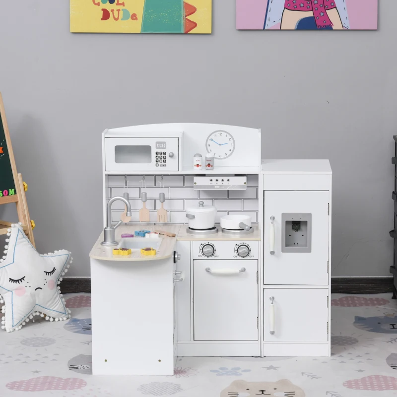 HOMCOM Cuisine Bois Jeu d'imitation - Cuisine Enfant 3+ Ans - Nombreux Accessoires & rangements Inclus - micro-ondes, hotte, évier avec robinet - MDF pin Blanc